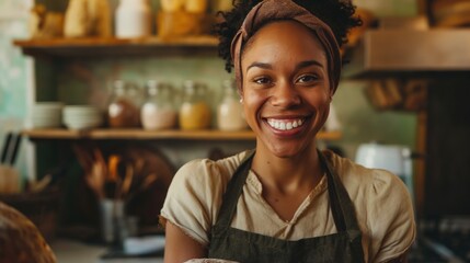 Young african american woman baking bread smiling to camera with copyspace backgound - Powered by Adobe