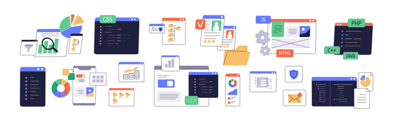 Information technology concept. Digital screens, user interfaces set for mobile app, web-site. UI designs, codes, scripts, content analytics. Flat vector illustrations isolated on white background