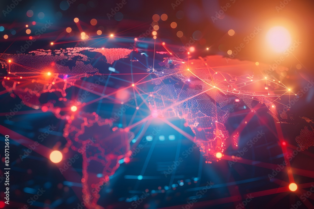 Poster abstract global network concept with world map and glowing connections, symbolizing connectivity acr