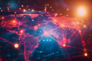 Obraz premium Abstract global network concept with world map and glowing connections, symbolizing connectivity across different countries
