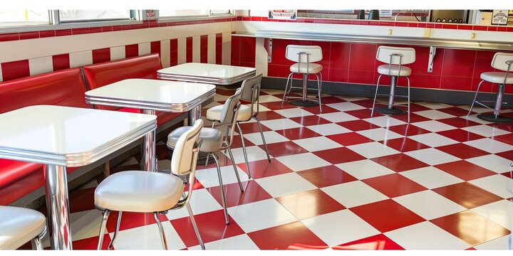 The image shows a retro diner interior with white and red checkered floor tiles, red cushioned booths, and white tabletops.