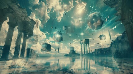 A surreal dreamscape where time and space fluid distorted perspectives evoke disorientation