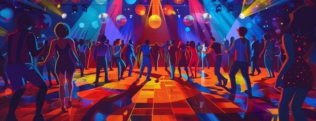 A group of people are dancing in a club. The dance floor is lit up with colorful lights. The people are all dressed in different colors and are dancing to the beat of the music.