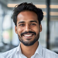 Obraz premium Entrepreneurial Success: A Profile of a Smiling, Confident Individual in a Corporate Environment