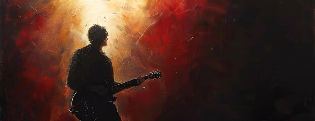 Obraz premium A guitarist stands alone on a darkened stage. The spotlight shines brightly on him, casting long shadows across the room. He is wearing a black suit and