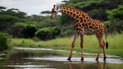 Obraz premium Capturing the Serene Elegance of Giraffes in Natural Settings, including Drinking Behavior