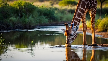 Capturing the Serene Elegance of Giraffes in Natural Settings, including Drinking Behavior