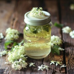 Homemade Flower Honey Jar with Green Herbs on a Rustic Table