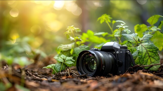 camera resting on the ground among green leaves and plants, with a blurred forest background
