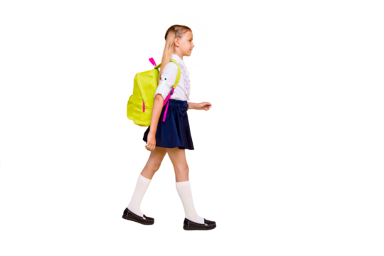 1-september concept. Full length, legs, body, size vertical profile side view photo of small girl isolated on yellow background with yellow backpack on shoulders