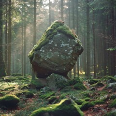 Obraz premium Moss-covered Rock in a Forest: A Scene of Natural Tranquility