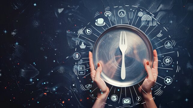 Food delivery and online cooking courses concept with digital white fork and spoon on a plate surrounded by icons above human hand with metallic tray on abstract dark blue background