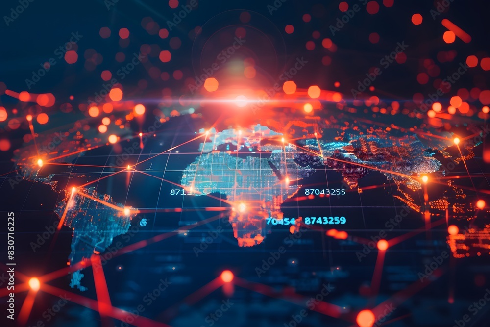 Poster abstract global network concept with world map and glowing connections, symbolizing connectivity acr