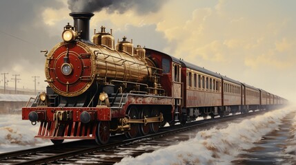 Naklejka premium A Steam Train Chugging Through a Snow Covered Forest