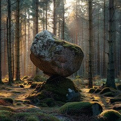 Obraz premium Enchanted Forest: A Large Boulder Amidst Mossy Rocks and Sunbeams