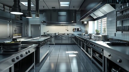 This photo showcases a kitchen filled with various stainless steel appliances, creating a sleek and modern look, A clean, empty restaurant kitchen with shiny appliances and tiled floors, AI Generated