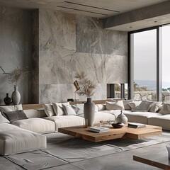 Modern Living Room with Large Stone Wall and Natural Light