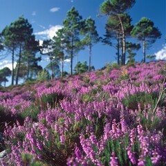 Vibrant Landscape: Purple Flowers in a Forested Mountain Area with Blue Sky