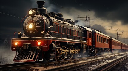 Fototapeta premium A Steam Train Chugging Through a Snow Covered Forest