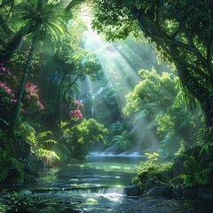 Serene Tropical Rainforest Scene with Sunlight Beaming Through Canopy and Waterfall