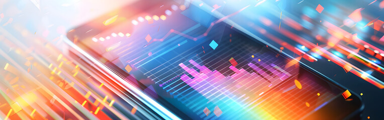 Abstract Futuristic Digital Data Charts on Mobile Screen with Glowing Lines 3D Render