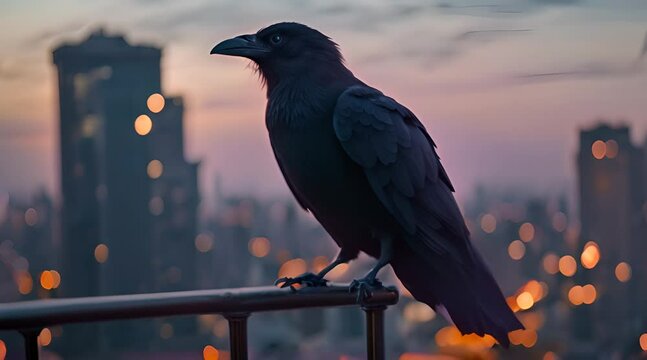 Black raven looks at skyscrapers, wind stirs its feathers, beautiful view from above, city wildlife, generative ai illustration