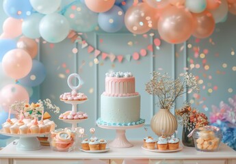 A joyful baby shower adorned with pastel-colored decorations, balloons, and adorable baby-themed items. The soft, welcoming colors create a cheerful atmosphere, with plenty of room for welcoming text.