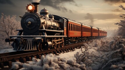 Obraz premium A Steam Train Chugging Through a Snow Covered Forest