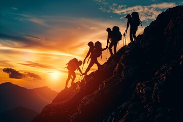 Teamwork Success: Silhouette of People Helping Hike Mountain at Sunset
