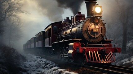 Fototapeta premium A Steam Train Chugging Through a Snow Covered Forest