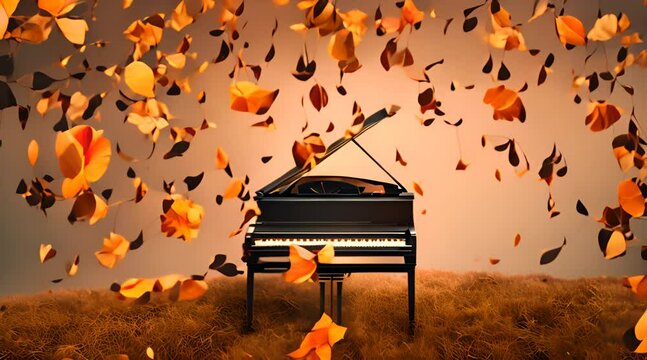 Autumn Music Collage, Surreal Trendy Contemporary Poster, Fall Music Concept, Drawing Imitation, Abstract Generative AI Illustration