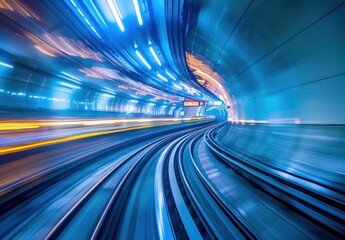 The speedy motion of a train in a blue tunnel.