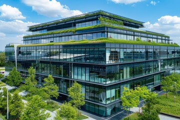 An eco-friendly office building with solar panels and green roofing