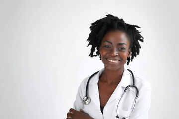 A smiling black woman wearing a white lab coat and a stethoscope. African doctor, nurse and medical student. College and university