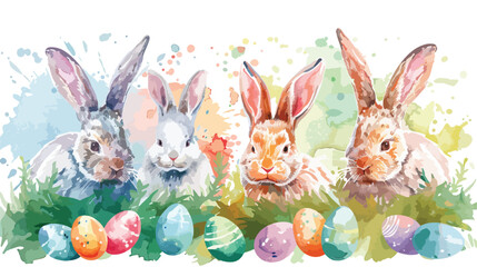 Watercolor Illustration Four of Easter Rabbit ear wit