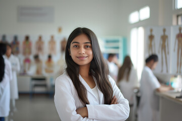 Fototapeta premium A woman in a white lab coat stands in front of a wall of anatomical drawings. Indian doctor, nurse and medical student. College and university