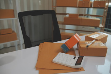 Portrait of young business asian woman online working in office desk use computer copyspace....