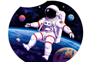 an astronaut floating in space with planets in the background