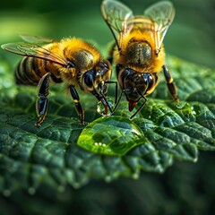 Tending to the Nectar: A Close-up of Bees and Their Flowery Feast