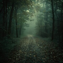 Obraz premium Mysterious Forest Path on a Foggy Morning