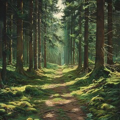 Obraz premium Forest Path in the Mist: A serene woodland journey.