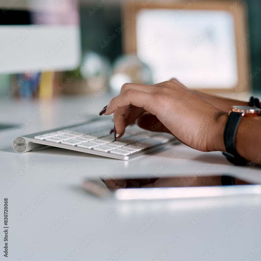 Poster woman, hands and typing on keyboard in office for email or communication, task management and spread