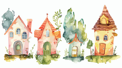 Watercolor Illustration Four of little house vector style