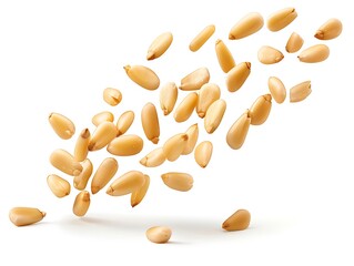 Flying delicious pine nuts against a white background