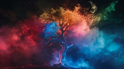 Fototapeta premium Tree with electronic components and multi-colored smoke