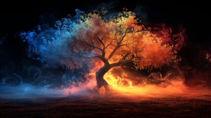 Tree with electronic components and multi-colored smoke