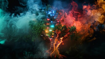 Tree with electronic components and multi-colored smoke
