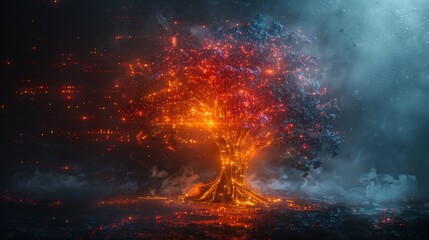Fototapeta premium Tree with electronic components and multi-colored smoke