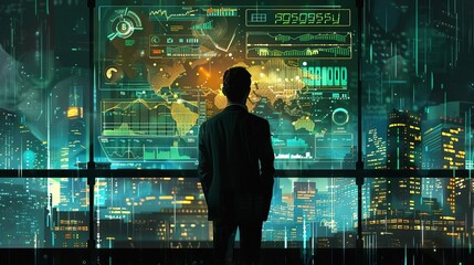 A banker analyzing market trends, focus on, economic forecasting theme, whimsical, fusion, trading floor backdrop