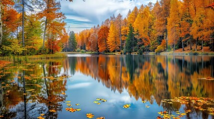 Obraz premium A beautiful autumn landscape with a lake, trees, and mountains. The water is calm and still, reflecting the sky and trees.